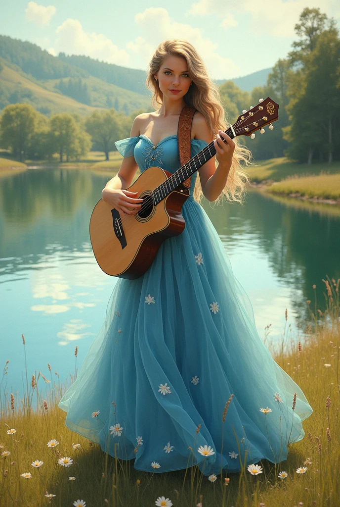 Taylor swift debut album vibes. A cowgorl princess in a blue dress by a lake. She is holding a princess guitar