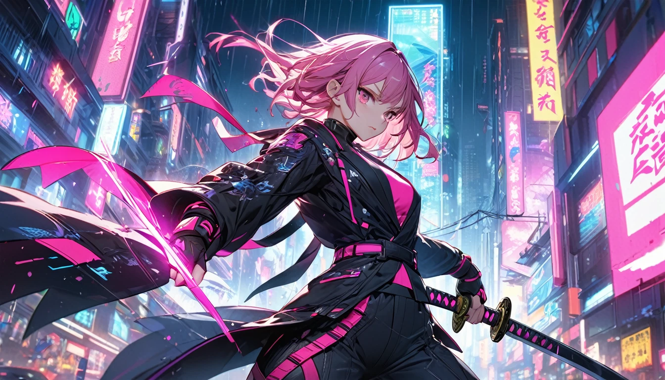 **204. One person。Cyber ninja fighting scene。Neon City。Cowboy shot or close-up。  
masterpiece, best quality, ultra detailed (Detailed fingers), (Emotional), (Breathtakingly beautiful),  
(main part: 1.2 Whole body。), (Anime Style), (Very detailed), (Fast and sharp movements),  
(超High resolution, High resolution), (8k), (High resolution: 1.2), (Complex and beautiful: 1.2)**
- background: Futuristic city with neon lights、City at night with rain。
- Cyber Ninja: Wearing a black suit、Girl with a shining katana。
-pose: While moving at high speed、The moment the katana is swung down on the enemy。
-expression: Calm and focused expression、A ninja&#39;s stance blending into the darkness。
- Effects: The glow of the katana and the neon lights intertwine、An effect that emphasizes sharp movements。
-color: Black and neon pink、The contrast between cyberspace and the night city is striking。
