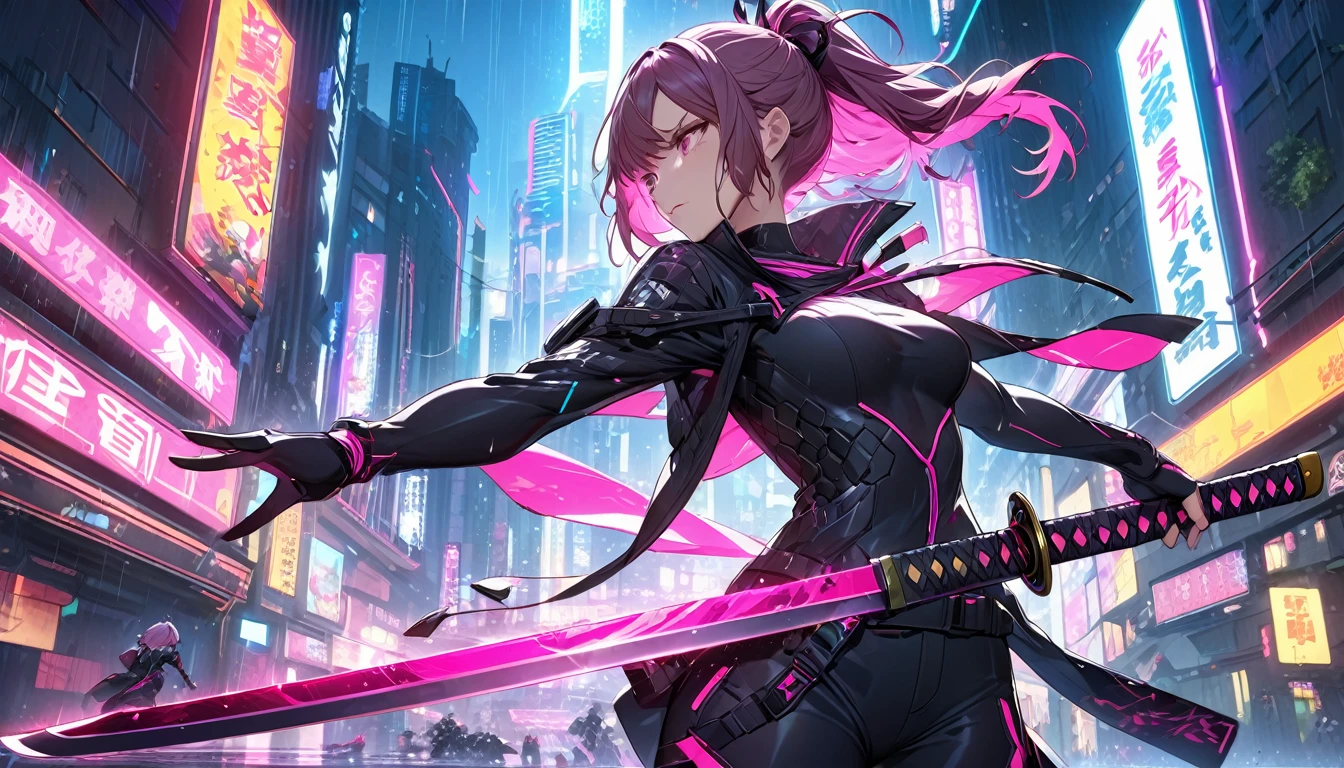 **204. One person。Cyber ninja fighting scene。Neon City。Cowboy shot or close-up。
masterpiece, best quality, ultra detailed (Detailed fingers), (Emotional), (Breathtakingly beautiful),
(main part: 1.2 Whole body。), (Anime Style), (Very detailed), (Fast and sharp movements),
(超High resolution, High resolution), (8k), (High resolution: 1.2), (Complex and beautiful: 1.2)**
- background: Futuristic city with neon lights、City at night with rain。
- Cyber Ninja: Wearing a black suit、Girl with a shining katana。
-pose: While moving at high speed、The moment the katana is swung down on the enemy。
-expression: Calm and focused expression、A ninja's stance blending into the darkness。
- Effects: The glow of the katana and the neon lights intertwine、An effect that emphasizes sharp movements。
-color: Black and neon pink、The contrast between cyberspace and the night city is striking。