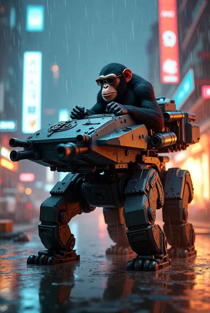 チームベースのアクションシューティングビデオゲームの非常に詳細な多足多関節の近未来的なHeavy Armor戦車のキャラクター、Job title: Tank、Exquisitely detailed tanks、Heavy Armor、Rocket Launcher、A chimpanzee wearing glasses drives a tank、Concept Art、Intricate details、Hyperrealistic、8k、Highest quality、Photorealistic、masterpiece、terrorist attack、 explosion、night、rain、 Detailed futuristic cityscape、Neon Light
