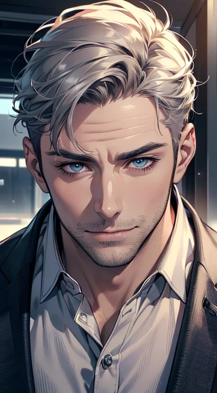 (best quality,4k,8k,highres,masterpiece:1.2),ultra-detailed,(realistic,photorealistic,photo-realistic:1.37),1 man,31 years old,mature man,very handsome,without expression,smile,short grey hair,blue eyes,penetrating gaze,perfect face without errors,imposing posture,businessman,office background,cinematic lighting,hdr image