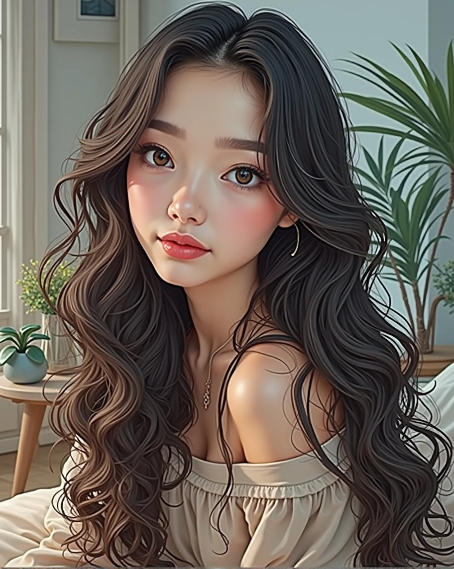 (photorealism:1.2), beautiful woman, sitting on bed, wearing loose off-shoulder top, pajama pants, long curly hair, indoors, soft lighting, plants in background, window with sunlight, cozy room, relaxed pose, realistic, intricate details, warm colors, by Greg Rutkowski, by Alphonse Mucha