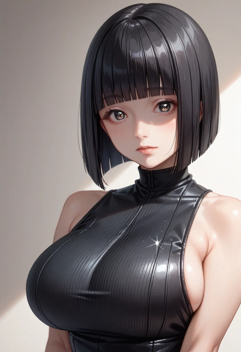 Masterpiece,best quality,solo, 1 beautiful Japanese girl,************,(sparkling black eyes,slant eyes),(pale skin),(black hair,blunt bangs, bob cut:1.5),(big breasts:1.2),