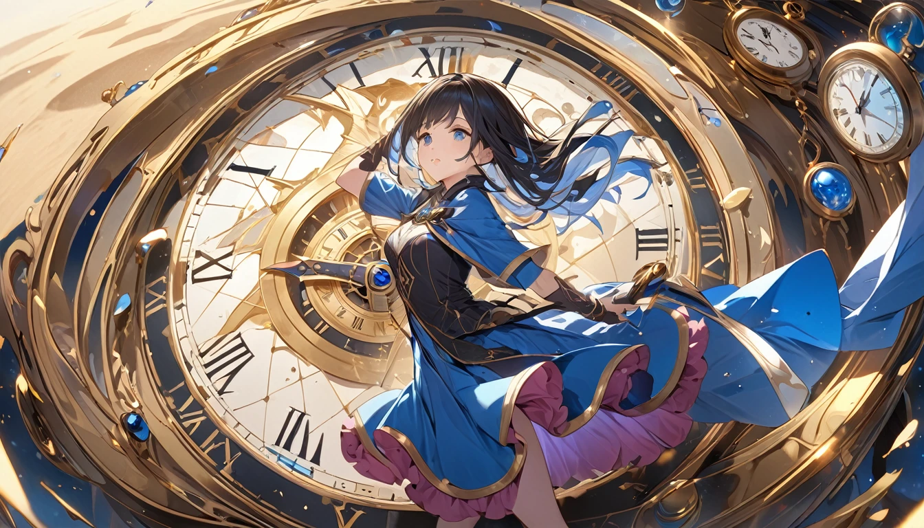 **205. One person。Time Witch fight scene。World of Watches。Cowboy shot or close-up。
masterpiece, best quality, ultra detailed (Detailed fingers), (Emotional), (Breathtakingly beautiful),
(main part: 1.2 Whole body。), (Anime Style), (Very detailed), (The power to control time),
(超High resolution, High resolution), (8k), (High resolution: 1.2), (Complex and beautiful: 1.2)**
- background: A space filled with countless clocks、A fantastical world where time is distorted。
- The Witch of Time: Wearing a dress with a clock motif、A girl with an hourglass that controls time。
-pose: Turn the hourglass upside down、The moment that stops time。
-expression: Mysterious and intelligent expression、The calmness to freely control the flow of time。
- Effects: The sand spilling from the hourglass distorts time、A fantastic effect spreads。
-color: Gold and blue watch color、Contrast that emphasizes the mystery of time。