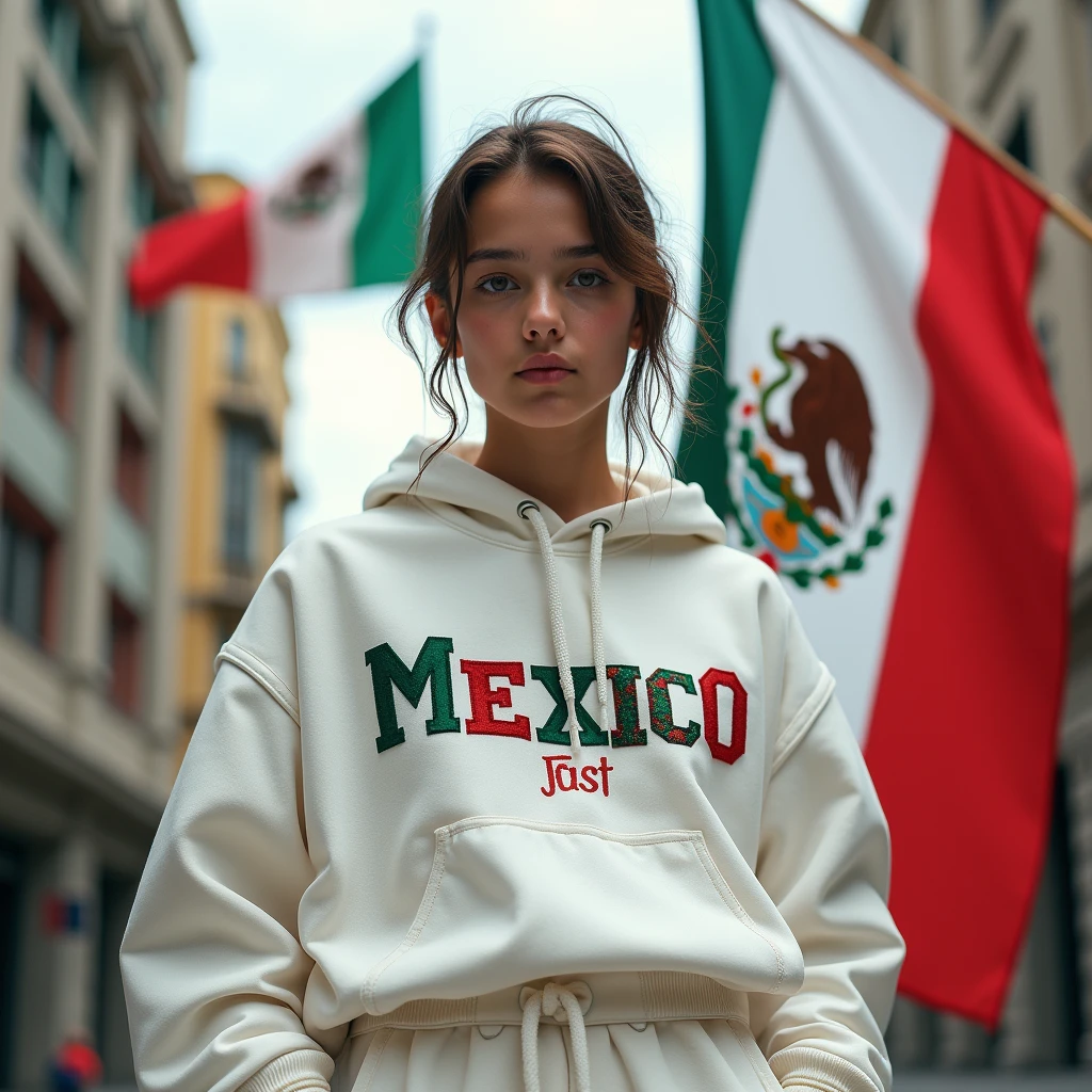 A striking portrait of a 16-year-old adolescent wearing a white outfit adorned with the word "Mexico" embroidered in bold, colorful letters. The young individual has a strong, determined gaze and a confident posture. The background is a vibrant, modern cityscape with a mix of traditional and contemporary architecture. Large, flapping flags with the Mexican coat of arms create a sense of patriotism and pride.