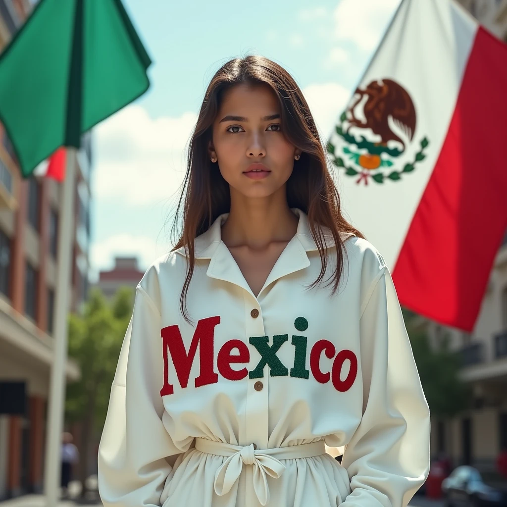 A striking portrait of a 16-year-old adolescent wearing a white outfit adorned with the word "Mexico" embroidered in bold, colorful letters. The young individual has a strong, determined gaze and a confident posture. The background is a vibrant, modern cityscape with a mix of traditional and contemporary architecture. Large, flapping flags with the Mexican coat of arms create a sense of patriotism and pride.