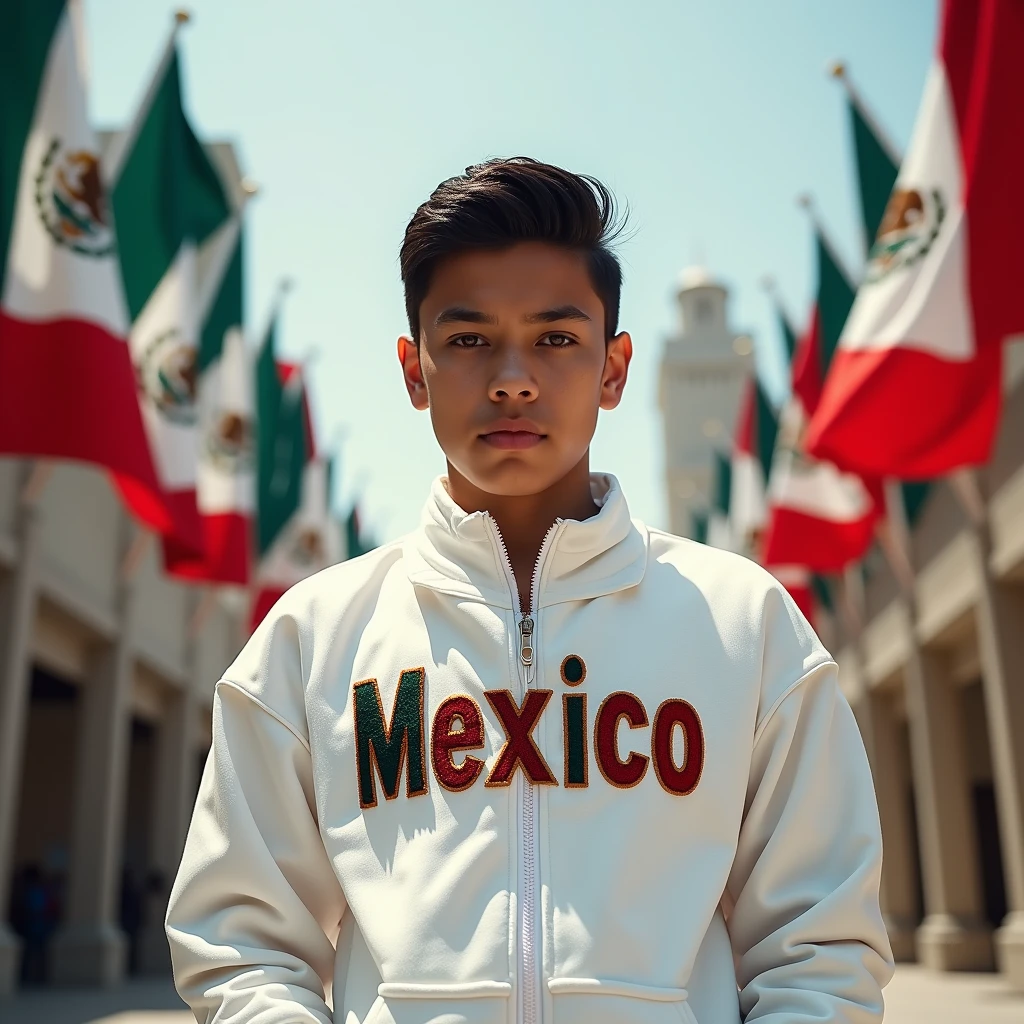 A striking portrait of a 16-year-old adolescent wearing a white outfit adorned with the word "Mexico" embroidered in bold, colorful letters. The young individual has a strong, determined gaze and a confident posture. The background is a vibrant, modern cityscape with a mix of traditional and contemporary architecture. Large, flapping flags with the Mexican coat of arms create a sense of patriotism and pride.