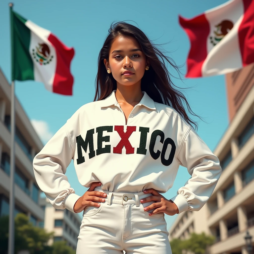 A striking portrait of a 16-year-old adolescent wearing a white outfit adorned with the word "Mexico" embroidered in bold, colorful letters. The young individual has a strong, determined gaze and a confident posture. The background is a vibrant, modern cityscape with a mix of traditional and contemporary architecture. Large, flapping flags with the Mexican coat of arms create a sense of patriotism and pride.
