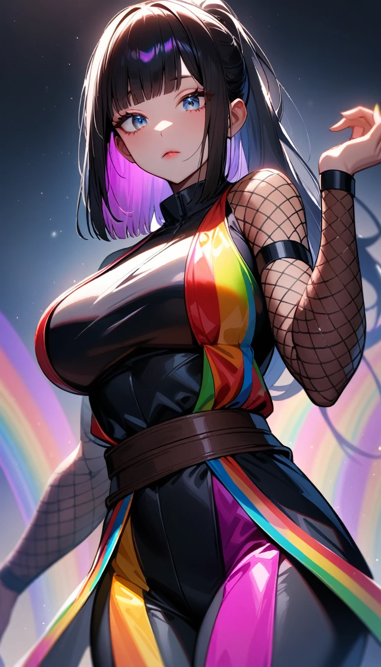 1girl,solo,super detailed skin,shiny skin,gleaming skin,detailed face,expressionless,rainbow colored hair,straight hair,ponytail,hime cut,,deep detailed eyes,eyelashes,lips gloss,large breasts,body suit,Shinobi clothes,fishnet arms,standing ,model pose,rainbow magic,simple background ,masterpiece,best quality,ultra detailed,high resolution,sharp focus