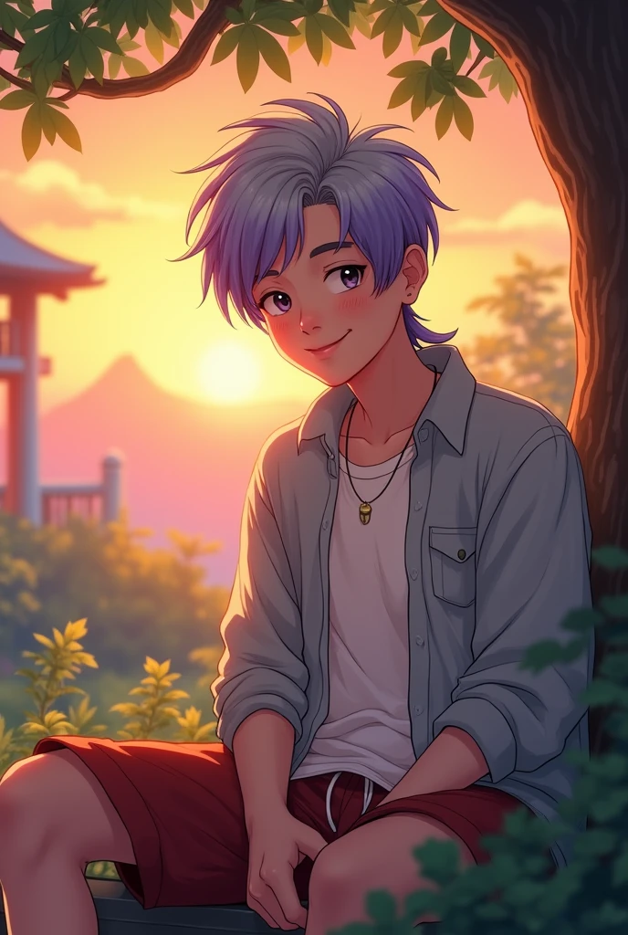 Imagine a Chinese age boy with light gray hair dyed dark purple at the tips.. Her hair is styled in a mullet style which gives a casual yet trendy impression.. Her warm smile showed off her two deep dimples., while her blushing cheeks add a fresh and friendly impression. With the sunset in the garden as a background, he is sitting under a garden tree.
