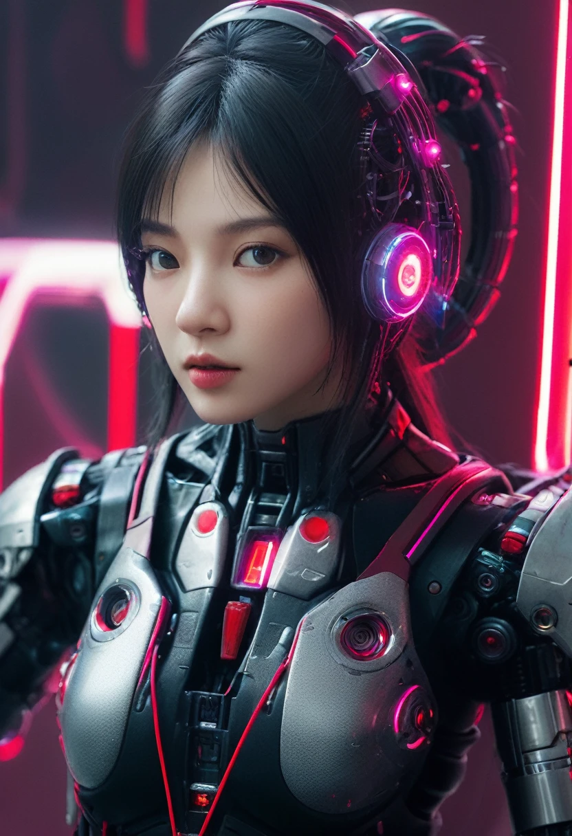 xxmixgirl. Highly detailed professional 35mm film, bokeh, face in sharp focus. A robotic female, Miku, with ((metal skin)), ((perfect Asian eyes)) with magenta irises and ((black pupils)), beautiful serious (detailed face), 18 year old ((photorealistic face)), very long magenta twin tails of magenta hair, twin black hair ties with a single red stripe. She may have a black audio headpiece. We can see her ((full body)) down to her boot soles. Her outfit is a sleeveless collared light grey shirt, outlined in red around the frilled collar and hems. Shiny reflective ((metallic breast cups, dimpleless)), invisible nipples. She wears black sleeves with red hems that start around her upper arm and bellow out as the sleeves open and extend to her wrists, with wide trumpet red rimmed cuffs. She has perfect robotic (detailed hands). She wears a red colored tie with two horizontal solid parallel black lines halfway across. She wears a fabric black skirt with a horizontal red hem at the bottom all the way around; her (((black skirt wraps around her))) and ((her skirt completely covers)) her robotic waist and thighs. Tall black boots with red bottom soles, a red rim around the top at her thighs. Her mechanical shoulder joints are visible. We can see her robotic legs and robotic neck. Half of her is covered with shiny polished machinery. The background is a distant dark neon futuristic Japanese city, gold, cyan, violet neon, near harbor or mountains.