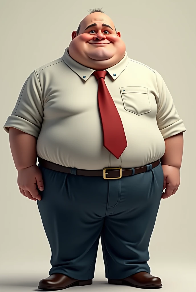 A fat dad wearing shirt and red tie and wide dark blue pants with fat head and has no hair in the middle of his head