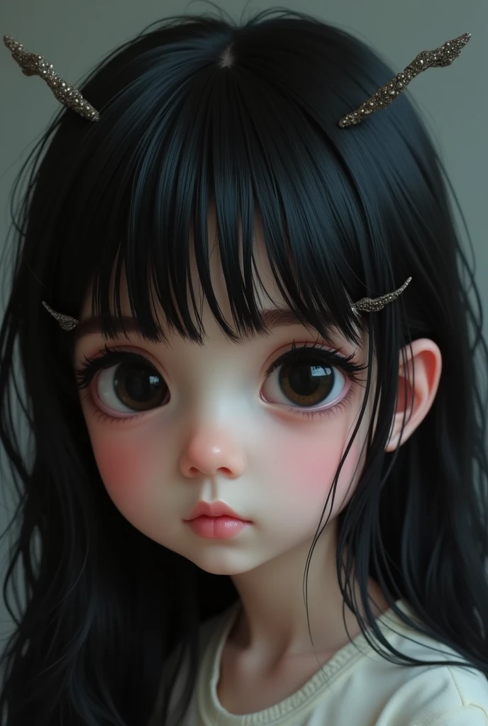8 year old girl, black hair, black eyes, tiny wings on her head