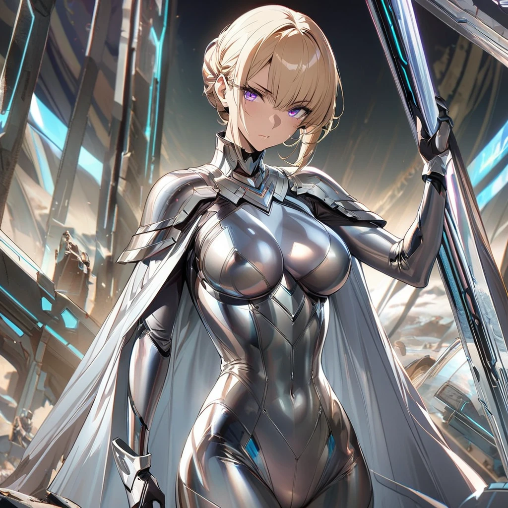 A female character in a strong, confident pose, wearing an outfit that fits the 'Steel Illusion' power. She is dressed in a sleek, metallic bodysuit with intricate, shimmering patterns resembling steel plates. Her gloves are long and metallic, while her boots are armored and have a futuristic design. She wears a semi-transparent cape that shimmers like flowing steel. She is surrounded by faint, illusionary steel structures, with one hand raised as if controlling them. The background is a simple, dimly lit industrial setting, focusing on her and her illusions, sexy, nude, hot, gorgeous, beautiful, very hot, best body, best breast, detailed gorgeous face| anime style| key visual| intricate detail| highly detailed| breathtaking| vibrant| panoramic| cinematic| Carne Griffiths| Conrad Roset| gibbli 8k.