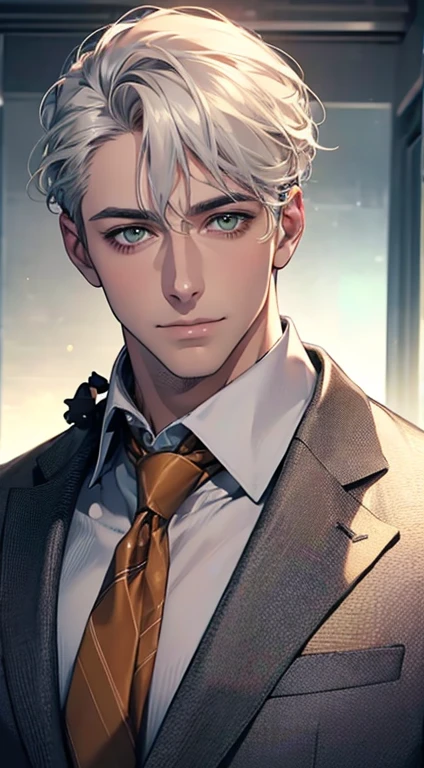 (Highest quality,4K,8K,High resolution,masterpiece:1.2),Super detailed,(Realistic,photoRealistic,photo-Realistic:1.37),1 person,34 years old,Mature Men,Beautiful skin、very handsome,Expressionless smile in love,Short white hair,green eyes,Sharp Eyes,A perfect face without a doubt,Businessman, CEO, Office Background,Cinema Lighting,HDR image,tie、