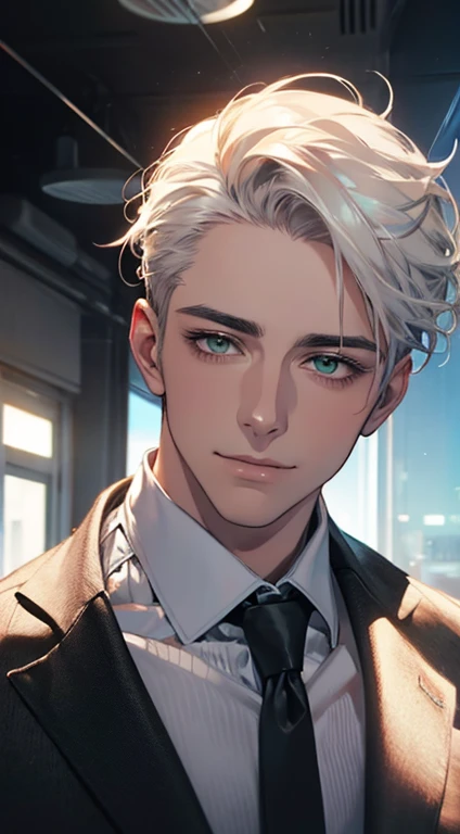 (Highest quality,4K,8K,High resolution,masterpiece:1.2),Super detailed,(Realistic,photoRealistic,photo-Realistic:1.37),1 person,34 years old,Mature Men,Beautiful skin、very handsome,Expressionless smile in love,Short white hair,green eyes,Sharp Eyes,A perfect face without a doubt,Businessman, CEO, Office Background,Cinema Lighting,HDR image,tie、