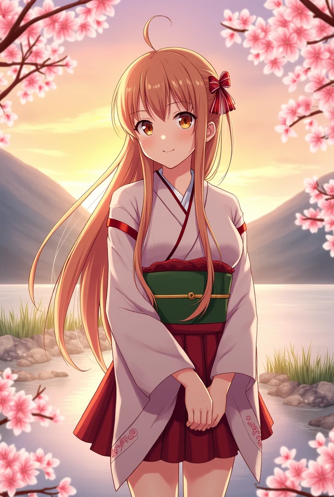 Asuna, masterpiece, best quality, detailed, (1 woman), alone, detailed golden eyes, long hair, standing, close to the viewer, (detailed kimono), light smile, medium chest,  (arms back), water, sunset, (headdress), (Sakura blossoms),  Snow mountain lake in the background , long hair를 하고 눈은 동그랗고 이쁘다 가슴은 큰편이고 가슴위가 보인다. She is wearing a very short skirt and is smiling faintly.
