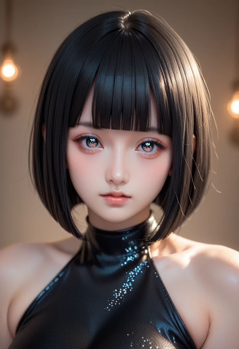 Masterpiece,best quality,solo, 1 beautiful Japanese girl,************,(sparkling black eyes,slant eyes),(pale skin),(black hair,blunt bangs, bob cut:1.5),(big breasts:1.2),