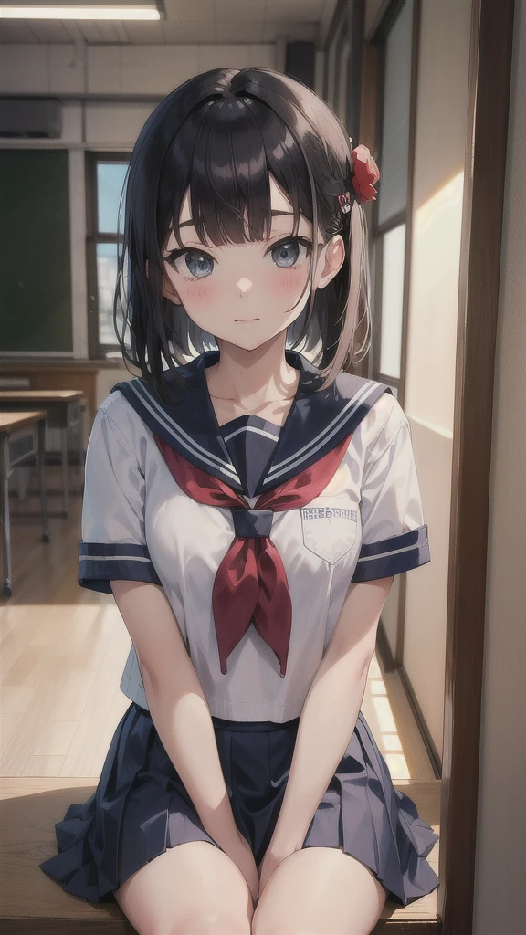 masterpiece, best quality, absurdres, YamashiroRen, blunt bangs, hair ornament, skirt, school uniform, short sleeves, pleated skirt, serafuku, socks, blue skirt, neckerchief, red neckerchief, white sailor collar, close portrait ,, teen body and face, classroom, indoor, tokyo scenery, street
