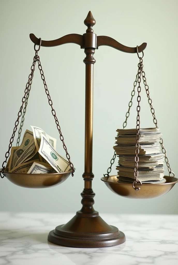 create a realistic image of an unbalanced scale with expenses and income on each side