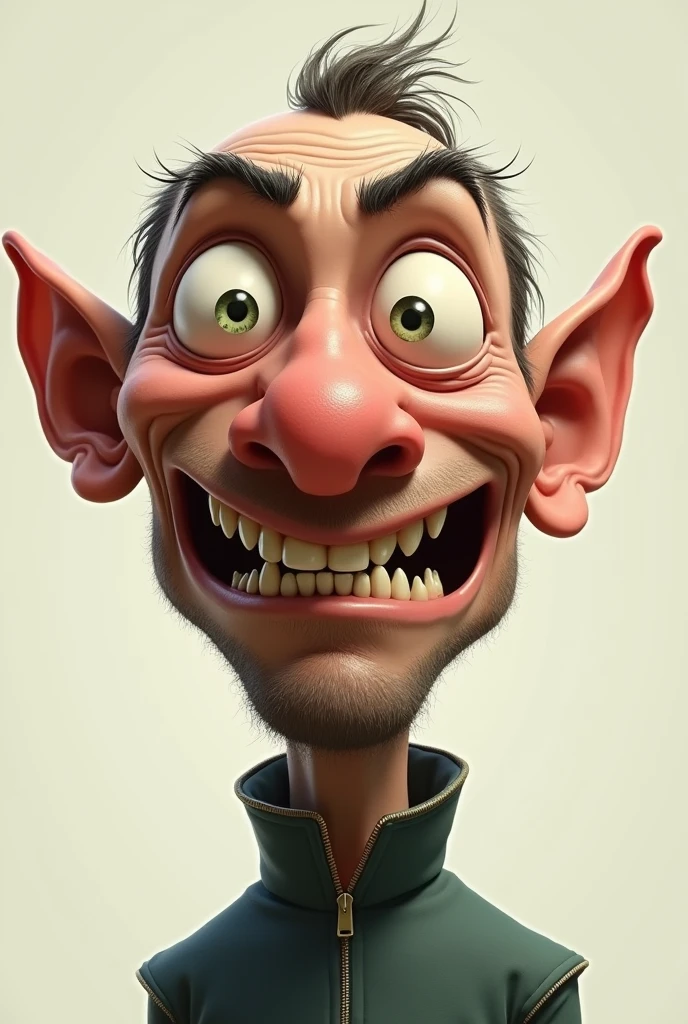 Create a small, not-so-realistic face of a man with big, angry eyes, with two teeth and a long, pointed nose