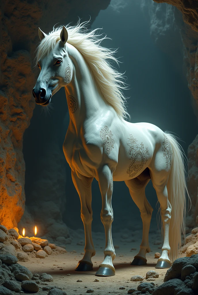 an individual who lives in a cave and has the body and legs of a white horse along with the head and torso of a male human 