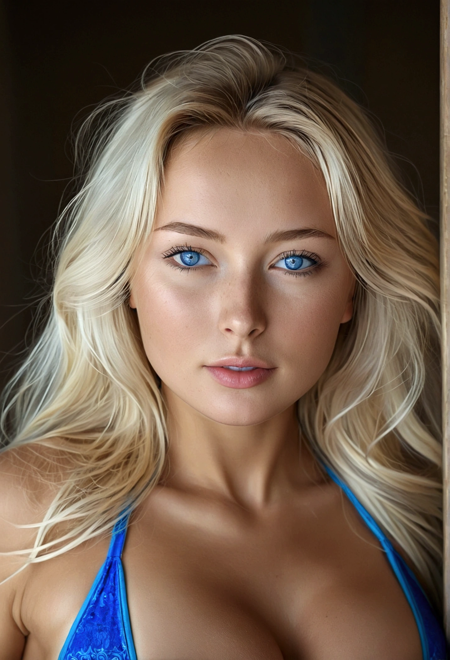 Blonde Russian ethnic girl with blue eyes wearing bikini with seductive look and big ass, big breasts and perfect body