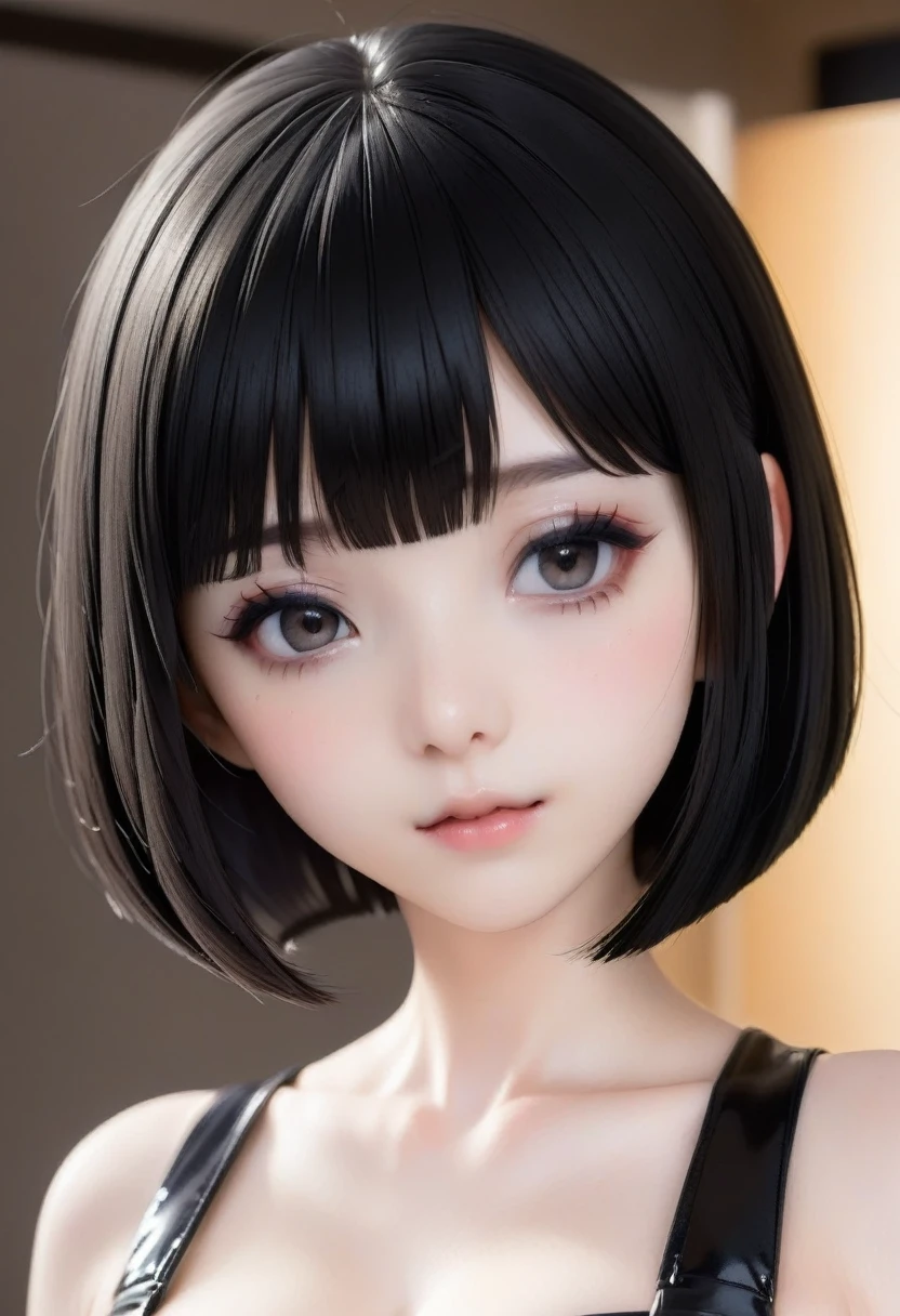 Masterpiece,best quality,solo, 1 beautiful Japanese girl,************,(sparkling black eyes,slant eyes),(pale skin),(black hair,blunt bangs, bob cut:1.5),(big breasts:1.2),