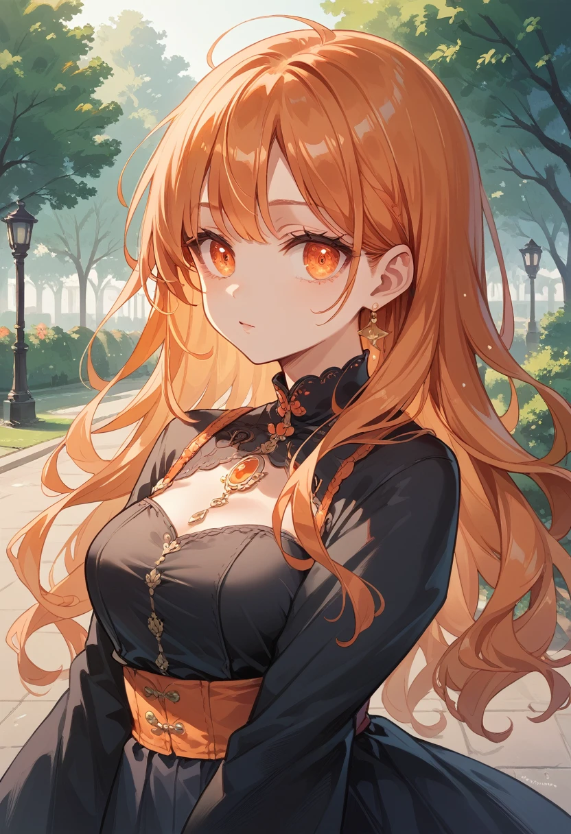 anime girl, orange hair , pinck eyes, ultra detailed, model clothes, ultra detailed, ultra detailed eyes, beautiful, park background, posing