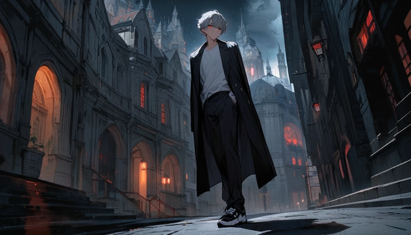 Solitary,Handsome, 1 male,Tall,Gray and white curly short hair,red eye,White top,Black coat draped over shoulders, Dark blue trousers,Black sneakers,European architectural background, The lens shoots from the bottom up,Night view,Looking tired,lack of sleep,