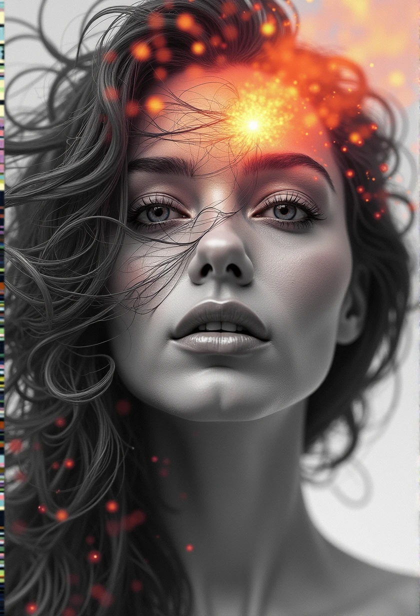 I AM A WORK OF ART THAT COMBINES DIFFERENT WORLDS A PERFECT FRONT-FACED PORTRAIT OF DIFFERENT RACES THAT SEES EVERYTHING AND USES ALL THE ELEMENTS OF OTHER WORLDS surreal that IS the abstract form of a beautiful woman. His figure is composed entirely of intertwined SURREAL CHAOS that come in and out, forming A BODY FROM ANOTHER WORLD. THINGS vary in thickness, some daring and others fine, creating a sensation of depth and movement, reveals a serene and hopeful expression. The background is a dreamlike swirl of soft pastel colors that blend seamlessly with the lines., suggesting an otherworldly landscape. Subtle touches of light radiate from its shape, symbolizing hope and inner strength, as if emerging from chaos into a world of possibilities. The overall effect is both delicate and powerful., and captures the essence of beauty and hope in an abstract and surreal style. NOTABLE DEPTH OF FIELD RULE OF THIRDS 24K PHOTOSHOP-LIKE FINISH COMBINES BLACK AND WHITE WITH BRIGHT COLORS