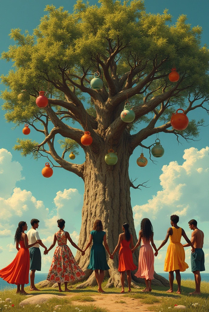 people dancing around a tree with things on its branches (jugs, CLOTHES, tapers, Soda, fruits)
