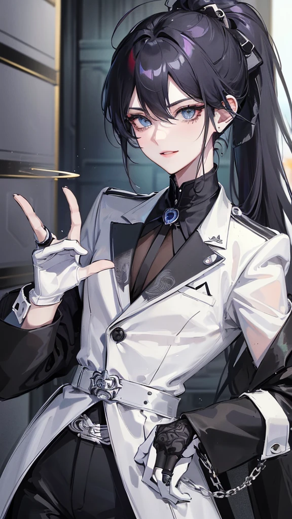 1 boy, anime, futuristic setting, elegant, fancy, tuxedo, high quality, intricate details, black bear ears, waist belt, chain accessories, pale blue eyes, panda aesthetic, butler outfit, smirk, ponytail, hairclips, pistol holster, androgynous, closeup, beauty marks, elegant setting, panda ears, gloves, rings, black streaks in hair