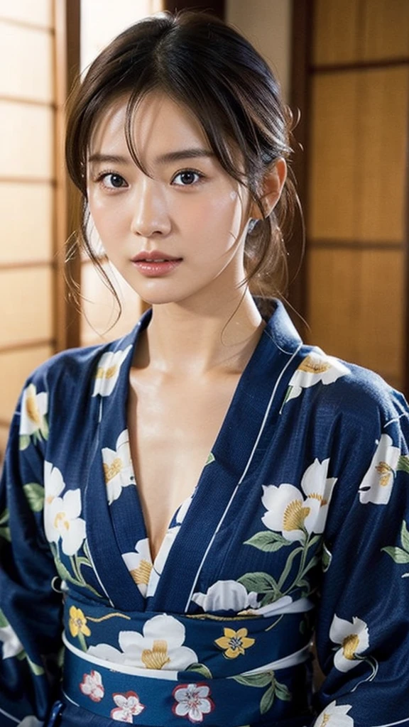 Model actress、One Woman、cool、Japanese and half European、Close-up of face、30 generation beauty、Realistic Skin、yukata