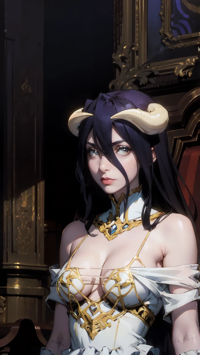 -(Best image quality with high resolution,masterpiece:1.2),ultra detailed,
-Adult ALBEDO ,An anthropomorphic owl with intricate details,piercing yellow eyes eyes,The feathers are sharply focused,and massive wings pressed along the body [Dark and mysterious],Bold surrealism,delicate color palette, sukuba horns - gothic style full length dress , little nudity ! large gold details with a clear and readable pattern without blurring 
