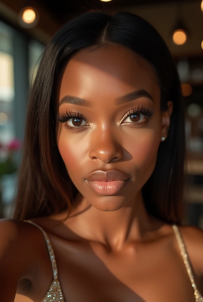 (selfie, center view: 1.4), (full of the body: 1.4), RAW UHD portrait photo of a 24-year-old African (brown-eyed African woman), large breasts, (skirt), behind her Miami restaurant , (neckline), details (textures! , hair! , glitter, color!! , disadvantages: 1.1), glossy eyes with high detail (looking at the camera), SLR lighting, SLR camera, ultra-quality, sharpness, depth of field, film grain (center), Fujifilm XT3, crystal clear, frame center, beautiful face, sharp focus, bokeh (dimly lit), day, detailed skin pores, oily skin, sunburn, complex eye details, full body, large breasts
