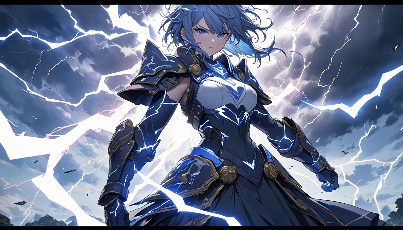 **216. One person。Lightning warrior battle scene。Stormy Air Battle。Cowboy shot or close-up。
masterpiece, best quality, ultra detailed (Detailed fingers), (Emotional), (Breathtakingly beautiful),
(main part: 1.2 Whole body。), (Anime Style), (Very detailed), (Control the power of lightning),
(超High resolution, High resolution), (8k), (High resolution: 1.2), (Complex and beautiful: 1.2)**
- background: Stormy Sky、Battle among the thundering clouds。
- Thunder Warrior: Wearing armor imbued with the power of lightning、The girl who controls lightning。
-pose: Swing down the sword wrapped in lightning、The moment of the electric shock。
-expression: Sharp, focused eyes、A posture filled with the energy of lightning。
- Effects: The lightning from the sword split the air.、Enemy smashing effects。
-color: Blue and white lightning creates a striking contrast among dark clouds。