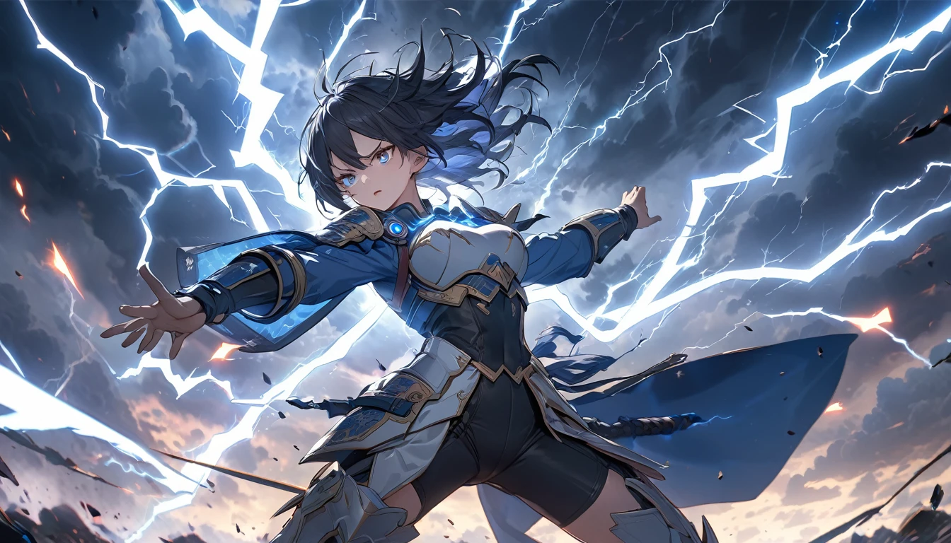 **216. One person。Lightning warrior battle scene。Stormy Air Battle。Cowboy shot or close-up。
masterpiece, best quality, ultra detailed (Detailed fingers), (Emotional), (Breathtakingly beautiful),
(main part: 1.2 Whole body。), (Anime Style), (Very detailed), (Control the power of lightning),
(超High resolution, High resolution), (8k), (High resolution: 1.2), (Complex and beautiful: 1.2)**
- background: Stormy Sky、Battle among the thundering clouds。
- Thunder Warrior: Wearing armor imbued with the power of lightning、The girl who controls lightning。
-pose: Swing down the sword wrapped in lightning、The moment of the electric shock。
-expression: Sharp, focused eyes、A posture filled with the energy of lightning。
- Effects: The lightning from the sword split the air.、Enemy smashing effects。
-color: Blue and white lightning creates a striking contrast among dark clouds。