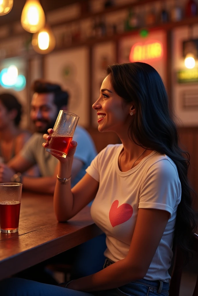 A Brazilian woman, 30years, slicked black hair, white, wearing a shirt with a heart print ,with jeans,  drinking at a bar with her husband, vestindo camiseta white, passionate personality . 真实感 