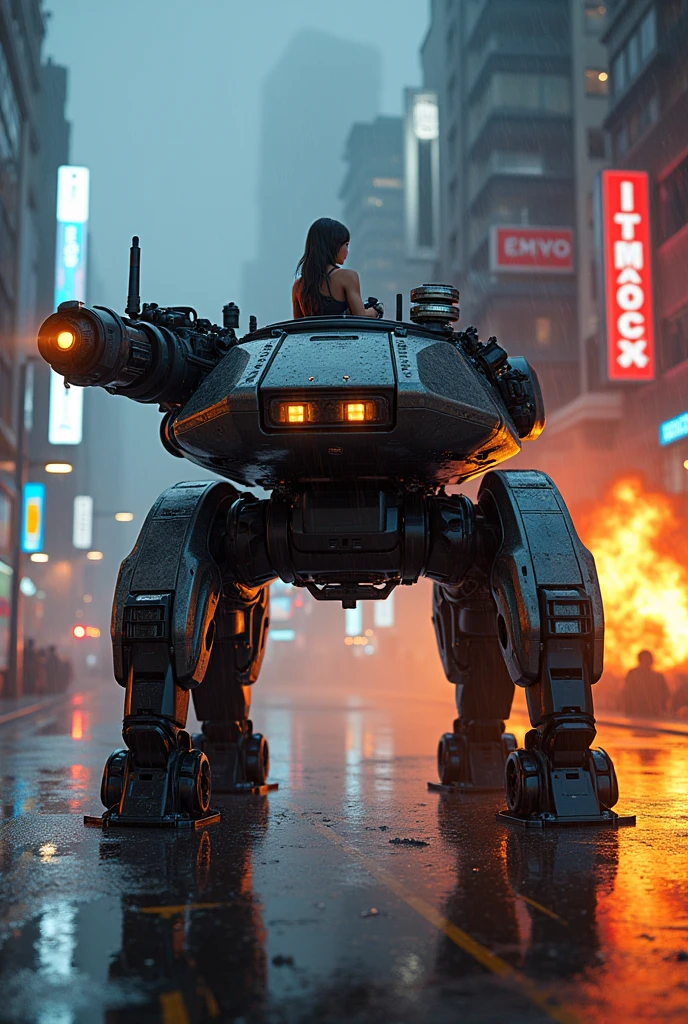 チームベースのアクションシューティングビデオゲームの非常に詳細な多足多関節の近未来的なHeavy Armor戦車のキャラクター、Job title: Tank、Exquisitely detailed tanks、Heavy Armor、Rocket Launcher、Beautiful woman driving a tank、Concept Art、Intricate details、Hyperrealistic、8k、Highest quality、Photorealistic、masterpiece、terrorist attack、 explosion、night、rain、 Detailed futuristic cityscape、Neon Light