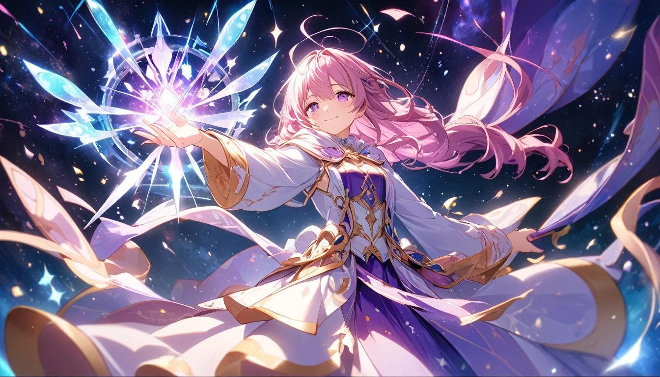 **217. One person。Dream magician battle scene。A space where dreams and reality intersect。Cowboy shot or close-up。
masterpiece, best quality, ultra detailed (Detailed fingers), (Emotional), (Breathtakingly beautiful),
(main part: 1.2 Whole body。), (Anime Style), (Very detailed), (Controlling the magic of dreams),
(超High resolution, High resolution), (8k), (High resolution: 1.2), (Complex and beautiful: 1.2)**
- background: A fantastical space where dreams and reality intersect、A world of shimmering colors。
- The Magician of Dreams: A girl wearing a robe who controls the power of dreams、Holding a magic wand。
-pose: Activate the magic of dreams、The moment when a fantastic light shines。
-expression: A gentle and mysterious smile、Believing in the power of dreams。
- Effects: The dream light emitted from the wand changes the space.、Enemy wrap effect。
-color: Fantastic colors of purple and pink、Soft contrasts symbolizing the world of dreams。