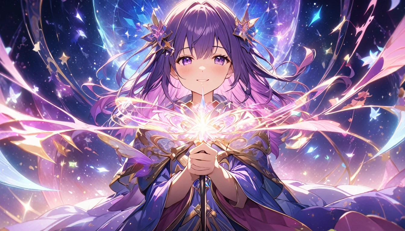**217. One person。Dream magician battle scene。A space where dreams and reality intersect。Cowboy shot or close-up。  
masterpiece, best quality, ultra detailed (Detailed fingers), (Emotional), (Breathtakingly beautiful),  
(main part: 1.2 Whole body。), (Anime Style), (Very detailed), (Controlling the magic of dreams),  
(超High resolution, High resolution), (8k), (High resolution: 1.2), (Complex and beautiful: 1.2)**
- background: A fantastical space where dreams and reality intersect、A world of shimmering colors。
- The Magician of Dreams: A girl wearing a robe who controls the power of dreams、Holding a magic wand。
-pose: Activate the magic of dreams、The moment when a fantastic light shines。
-expression: A gentle and mysterious smile、Believing in the power of dreams。
- Effects: The dream light emitted from the wand changes the space.、Enemy wrap effect。
-color: Fantastic colors of purple and pink、Soft contrasts symbolizing the world of dreams。
