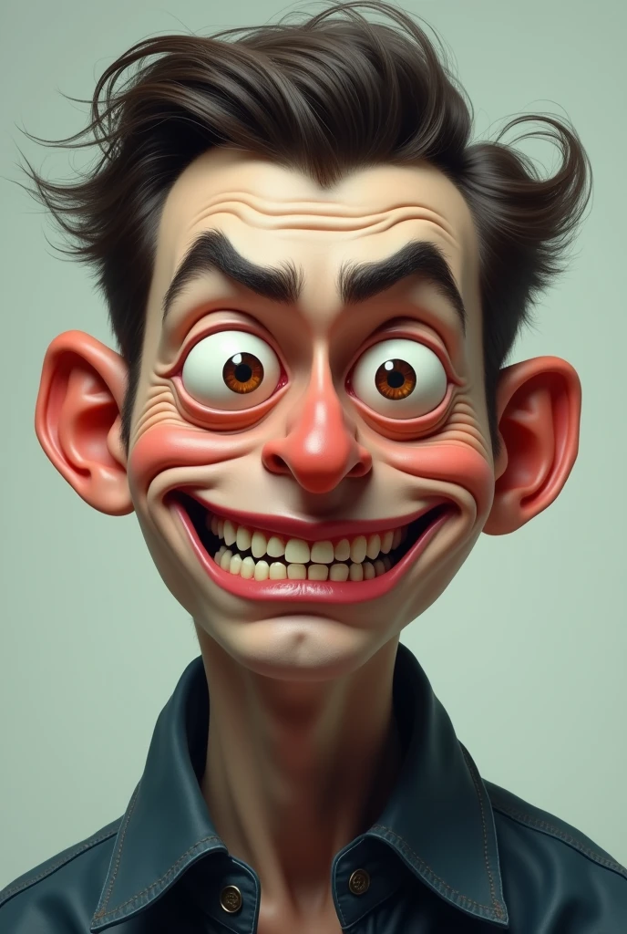 Create a small, not-so-realistic face of a man with big, angry eyes, with two teeth and a long and pointy nose but I want a pretty face