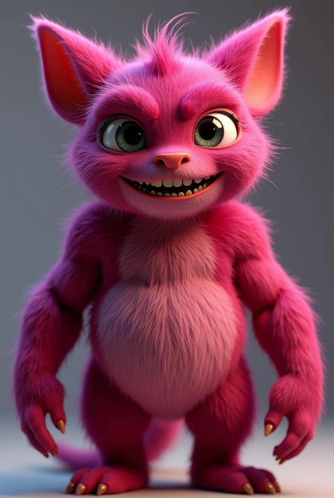 A monster, high,Small ears, de color Dark Raspberry, strong, muscles, with a tender face, funny, 3d pixar style