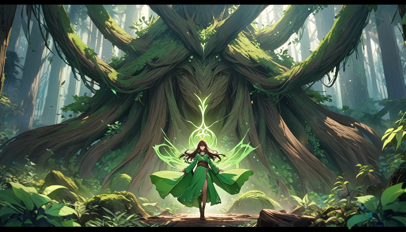 **218. One person。Forest Guardian battle scene。Ancient forests。Cowboy shot or close-up。
masterpiece, best quality, ultra detailed (Detailed fingers), (Emotional), (Breathtakingly beautiful),
(main part: 1.2 Whole body。), (Anime Style), (Very detailed), (Manipulating the forces of nature),
(超High resolution, High resolution), (8k), (High resolution: 1.2), (Complex and beautiful: 1.2)**
- background: Ancient Forest、wood々A mysterious space covered in vibrant greenery。
- Guardian of the Forest: Wearing a green robe、Manipulating the forces of nature少女。
-pose: Awakening the power of the forest、敵に向けてwood々The moment when the roots of。
-expression: A calm and strong-willed expression、A sense of mission to protect nature。
- Effects: 地面から現れるwood々The roots of the、Tightening effect。
-color: Green and brown natural colors、A contrast that symbolizes the vitality of the forest。