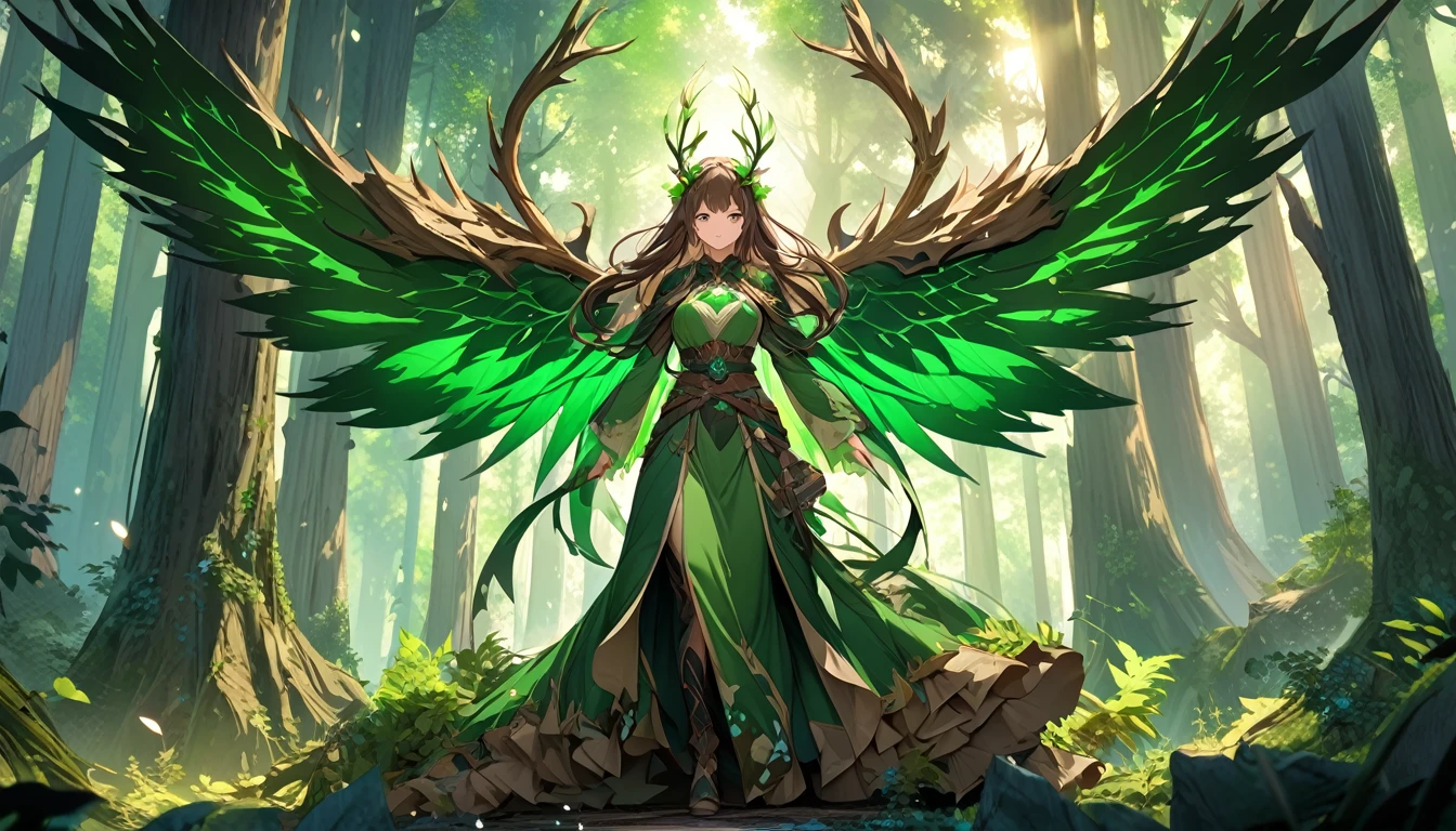 **218. One person。Forest Guardian battle scene。Ancient forests。Cowboy shot or close-up。
masterpiece, best quality, ultra detailed (Detailed fingers), (Emotional), (Breathtakingly beautiful),
(main part: 1.2 Whole body。), (Anime Style), (Very detailed), (Manipulating the forces of nature),
(超High resolution, High resolution), (8k), (High resolution: 1.2), (Complex and beautiful: 1.2)**
- background: Ancient Forest、wood々A mysterious space covered in vibrant greenery。
- Guardian of the Forest: Wearing a green robe、Manipulating the forces of nature少女。
-pose: Awakening the power of the forest、敵に向けてwood々The moment when the roots of。
-expression: A calm and strong-willed expression、A sense of mission to protect nature。
- Effects: 地面から現れるwood々The roots of the、Tightening effect。
-color: Green and brown natural colors、A contrast that symbolizes the vitality of the forest。