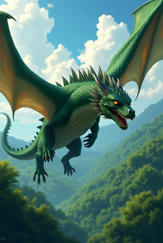 Green dragon with dark, opaque scales and spikes on its body, flying over a dense forest, anime image style