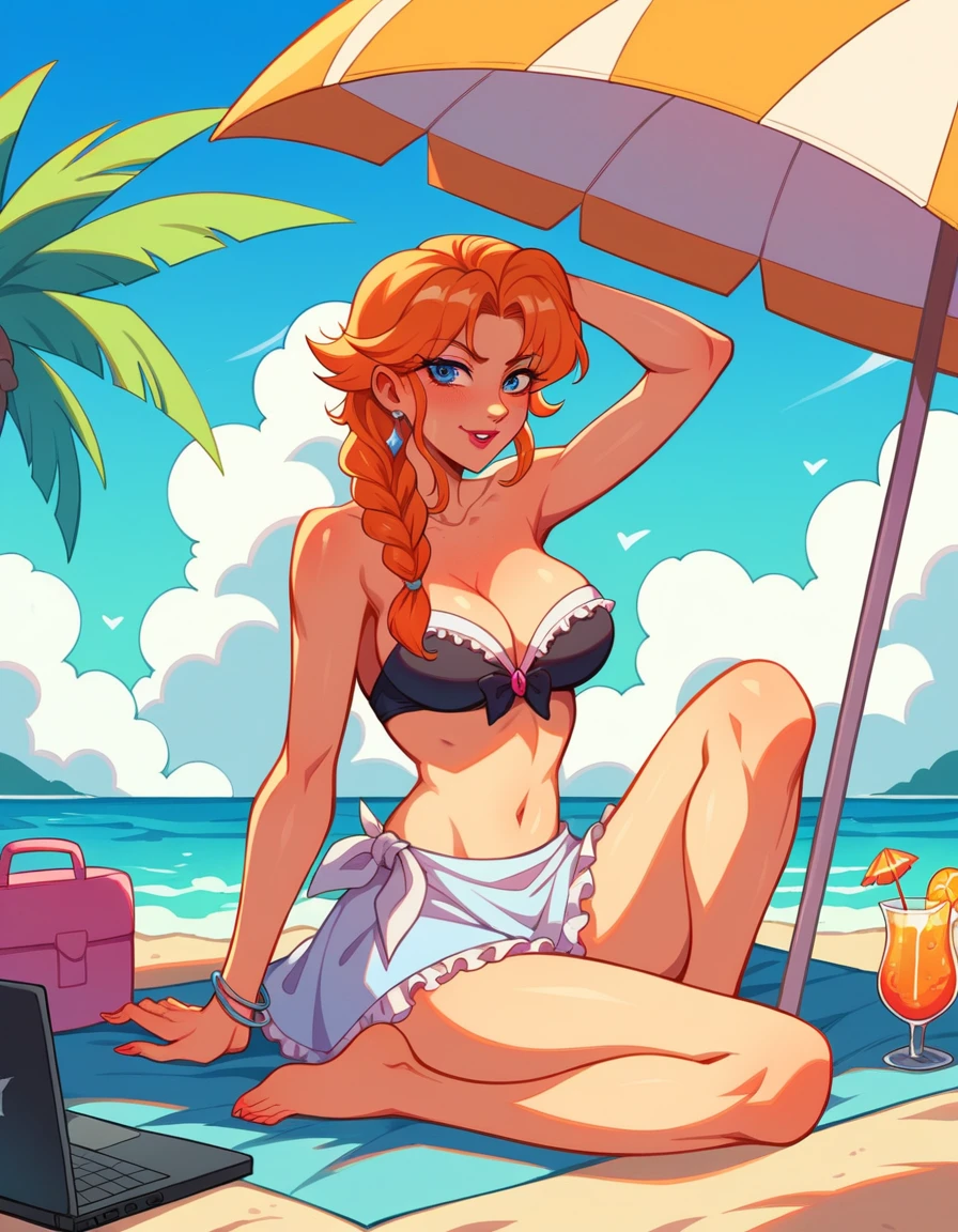 atmosfera sombria oleosa estilo yuyu Hakusho ful hd 4k 100 lines art Elza frozen power Fenix + Sakura y seiquenos e empinados slim with long aqua short orange neon hair lounges on a beach towel under a colorful umbrella. She wears a black neon maio with frills and a sheer, decorated cover-up, appearing relaxed while using a laptop. The background features a tropical beach scene with palm trees, soft waves, and a clear blue sky dotted with clouds. Sunlight glistens on her skin, and a glass with a drink sits nearby.