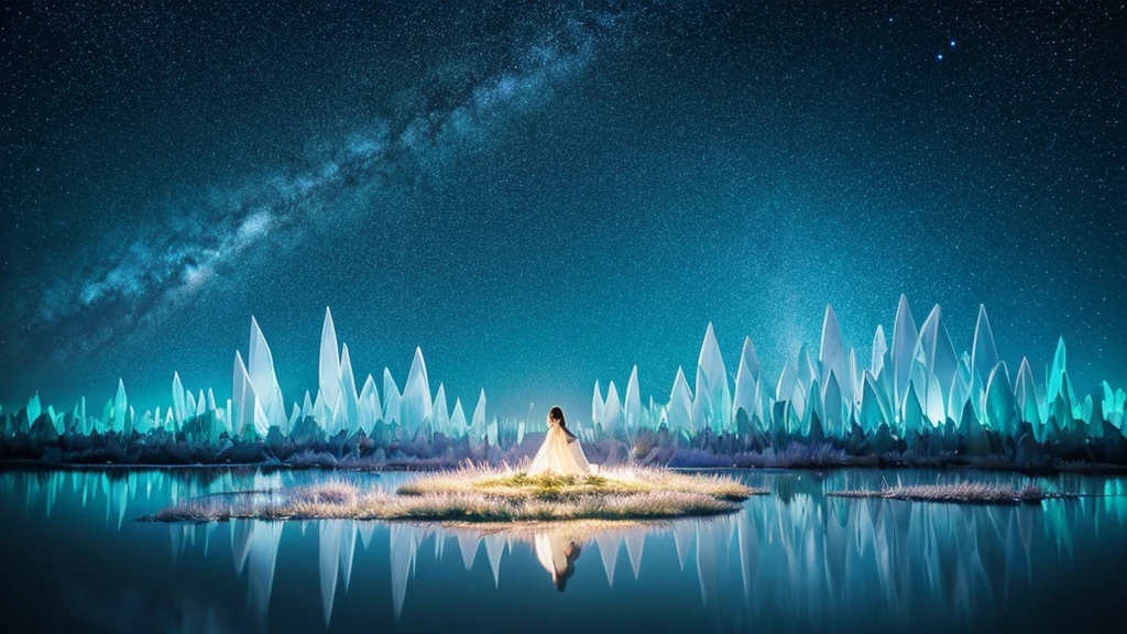 A surreal, nocturnal landscape in soft, pastel tones. Dominating the foreground is an ethereal white cat with delicate, elongated proportions and a serene expression, sitting gracefully on a patch of luminescent grass. To its left, a large, glowing flower with a sunflower-like shape and crystalline petals emits a soft light. The background features an array of faceted, translucent crystal formations rising from the ground, catching and reflecting ambient light. The sky is an abstract, dreamy expanse of gradient blues and soft whites, punctuated by sparkling stars and suspended, glowing threads of light, creating a magical, almost otherworldly atmosphere. The scene is surrounded by slender, white trees with bare branches that glitter as if dusted with stardust. Near the bottom right, a calm, reflective pool of water mirrors the sky and nearby elements with gentle ripples. The overall style is whimsical and fantastical, with a serene, magical ambiance.