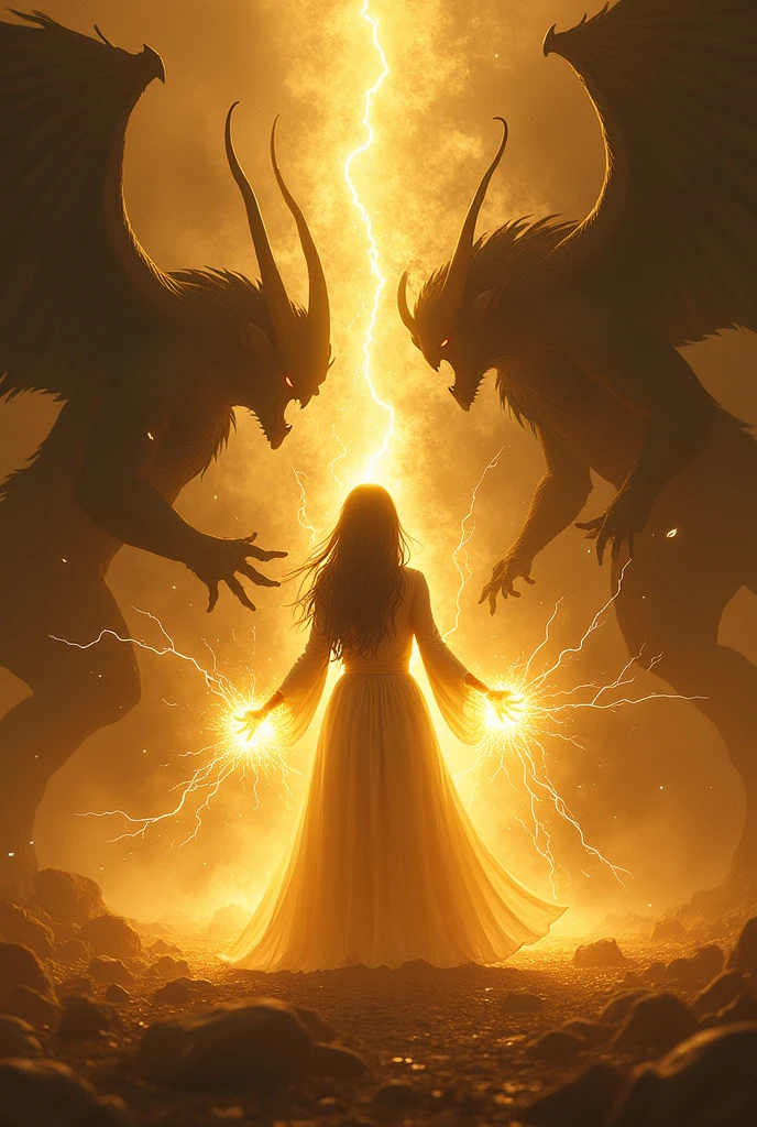 . Aline creates a protective barrier around herself, and speaks to the demons as bolts of magical energy fly in all directions. Aline's golden light contrasts sharply with the darkness of the Shadow, illustrating the conflict between light and darkness.